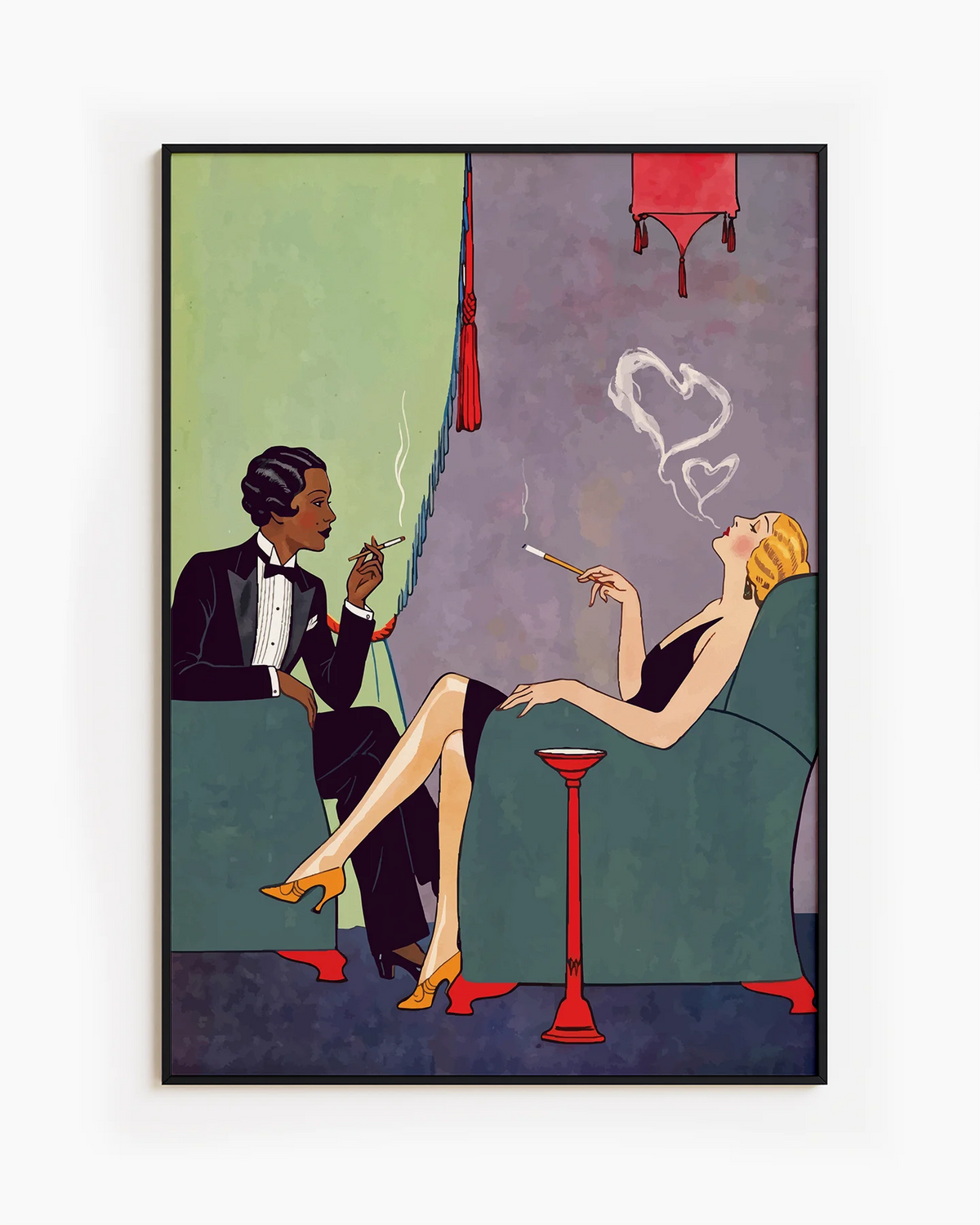 A poster with two sapphic ladies in the 30's smoking cigarettes.