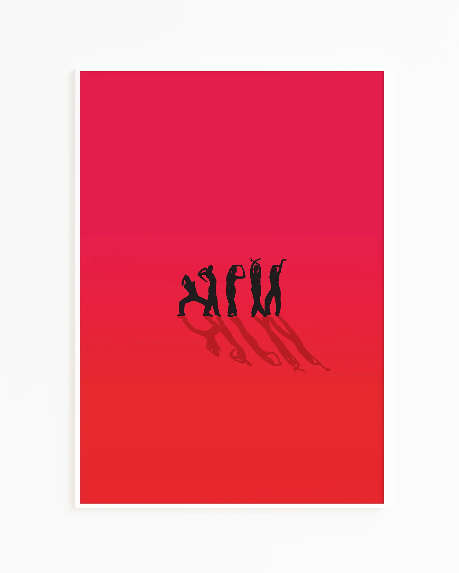 A poster with five black silhouettes of dancing men, posing iconic in Vogue-dance poses against a red background.