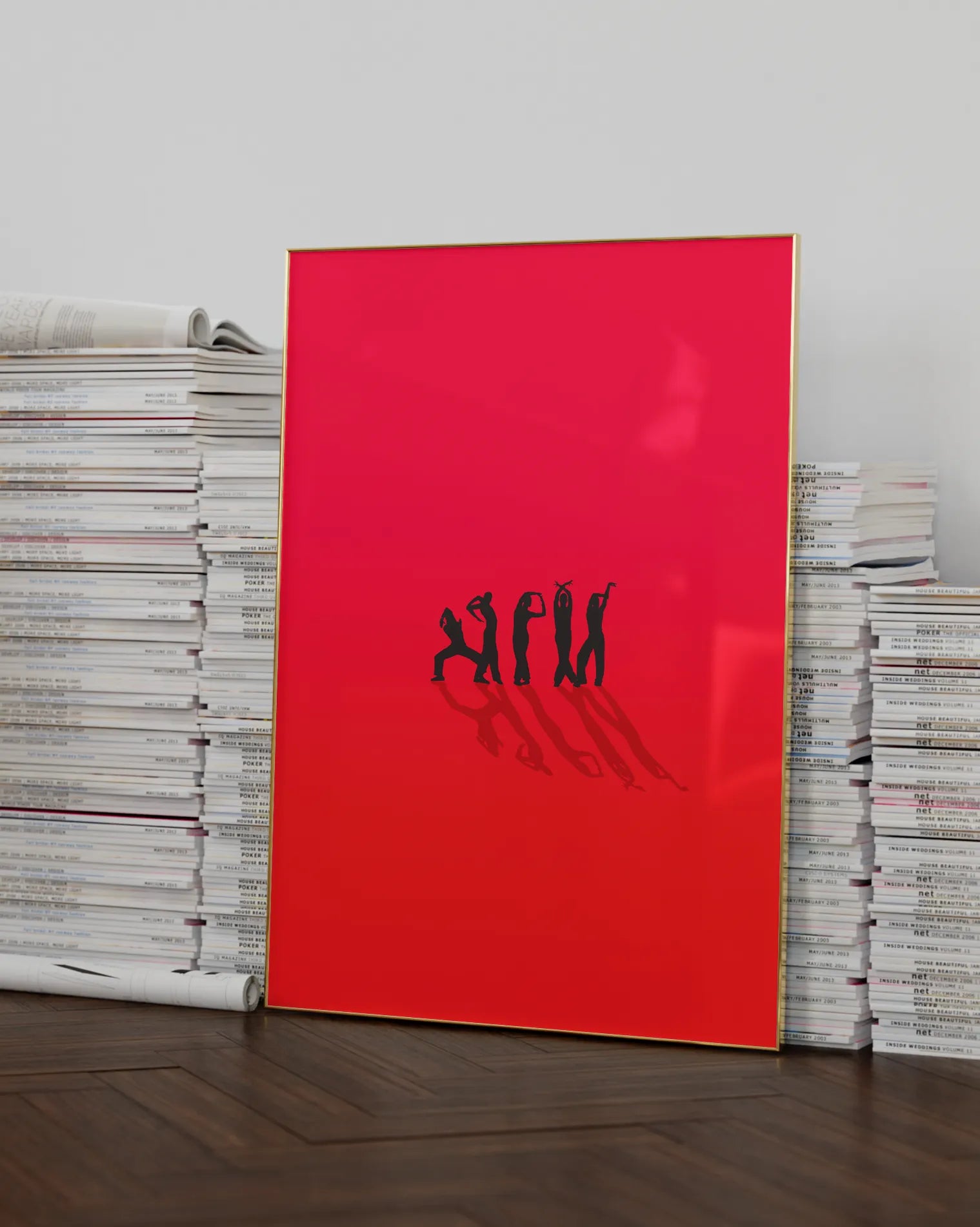 A poster with five black silhouettes of dancing men, posing iconic in Vogue-dance poses against a red background.