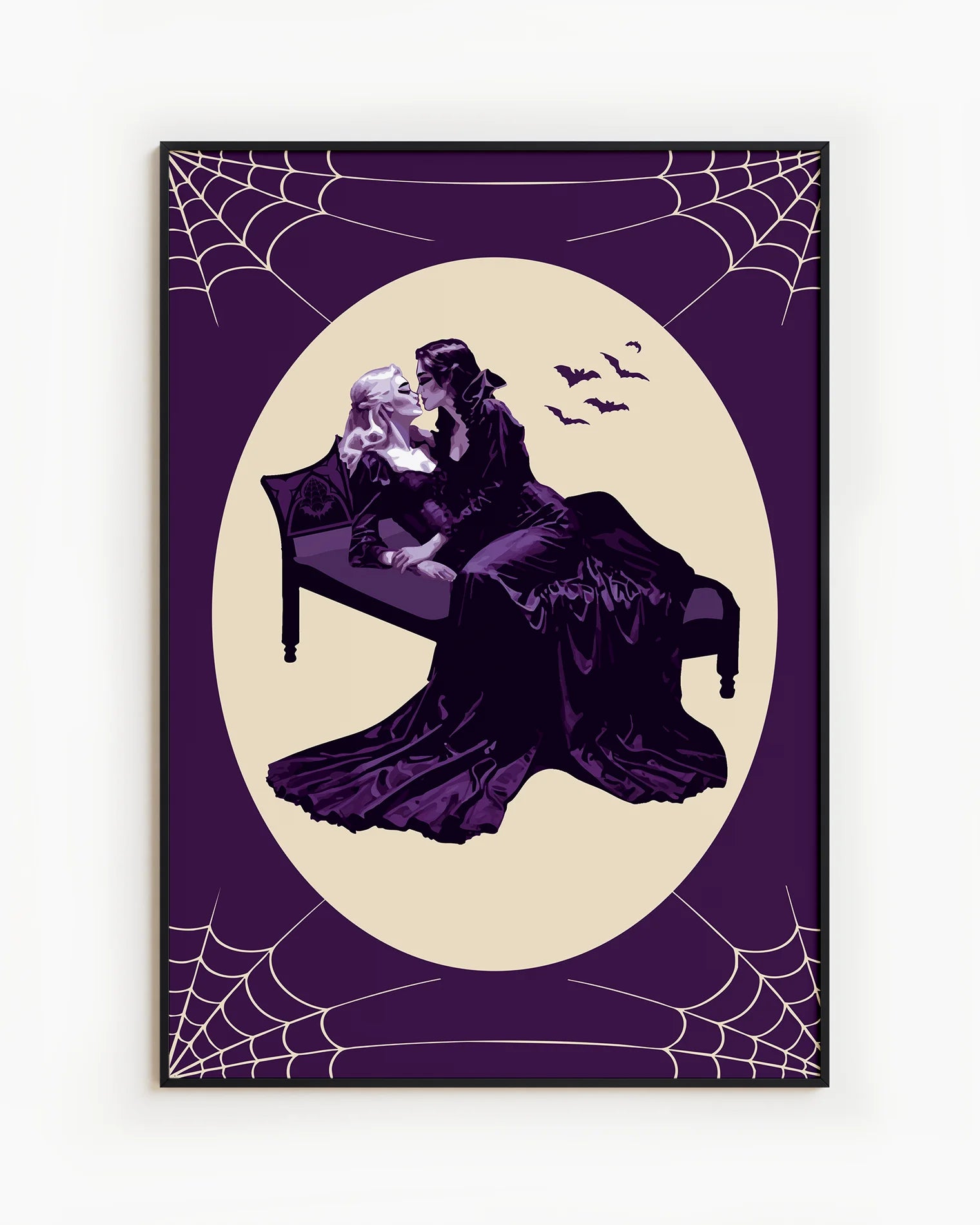 A poster with a lesbian vampire couple kissing in a bed.