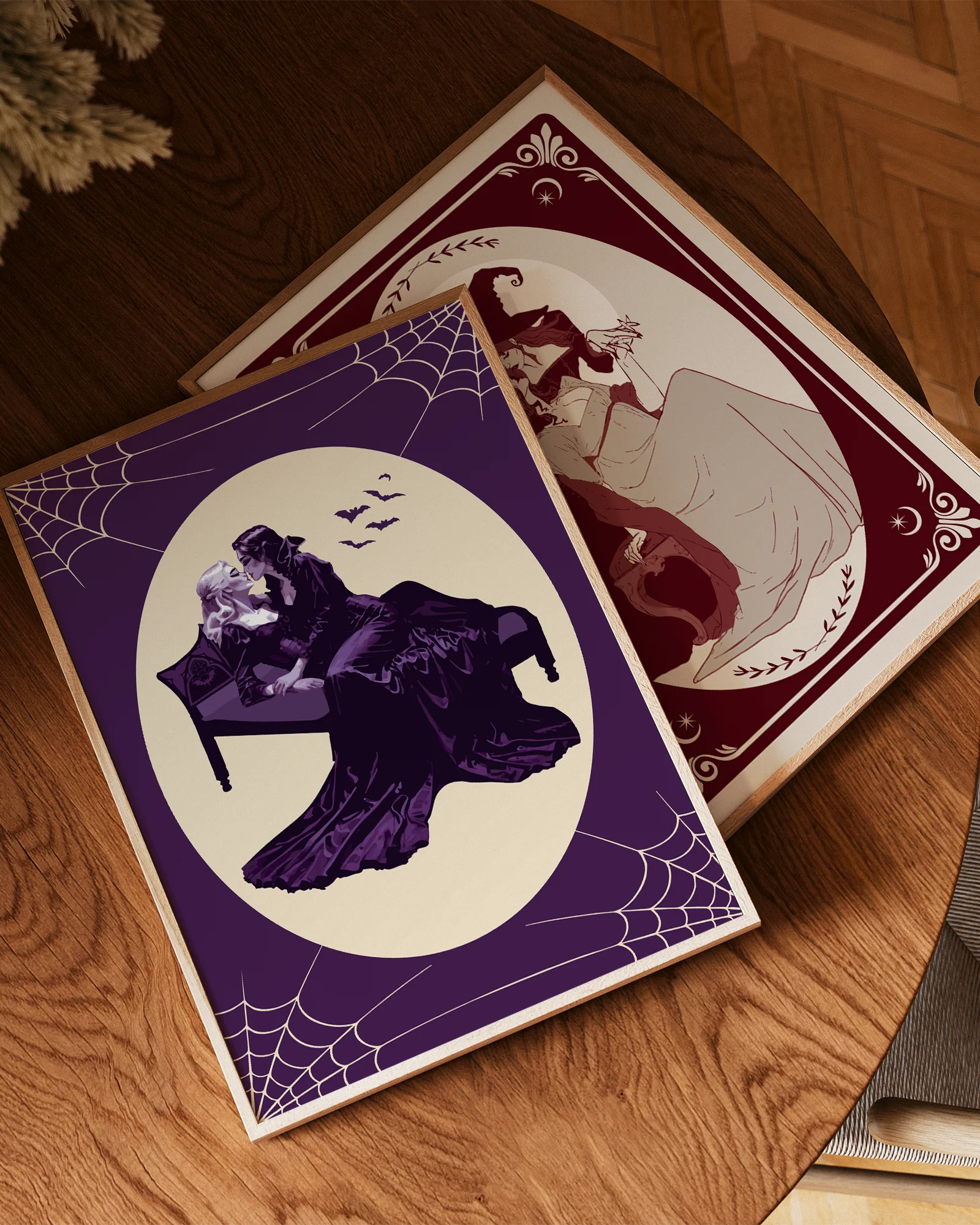 A poster with a lesbian vampire couple kissing in a bed.