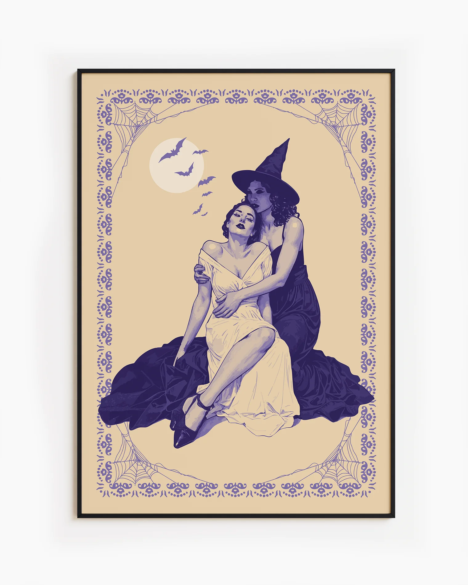 A poster with a witch tenderly holding her lover, surrounded by a spiderweb-infused frame and a large white full moon with flying bats in the background.