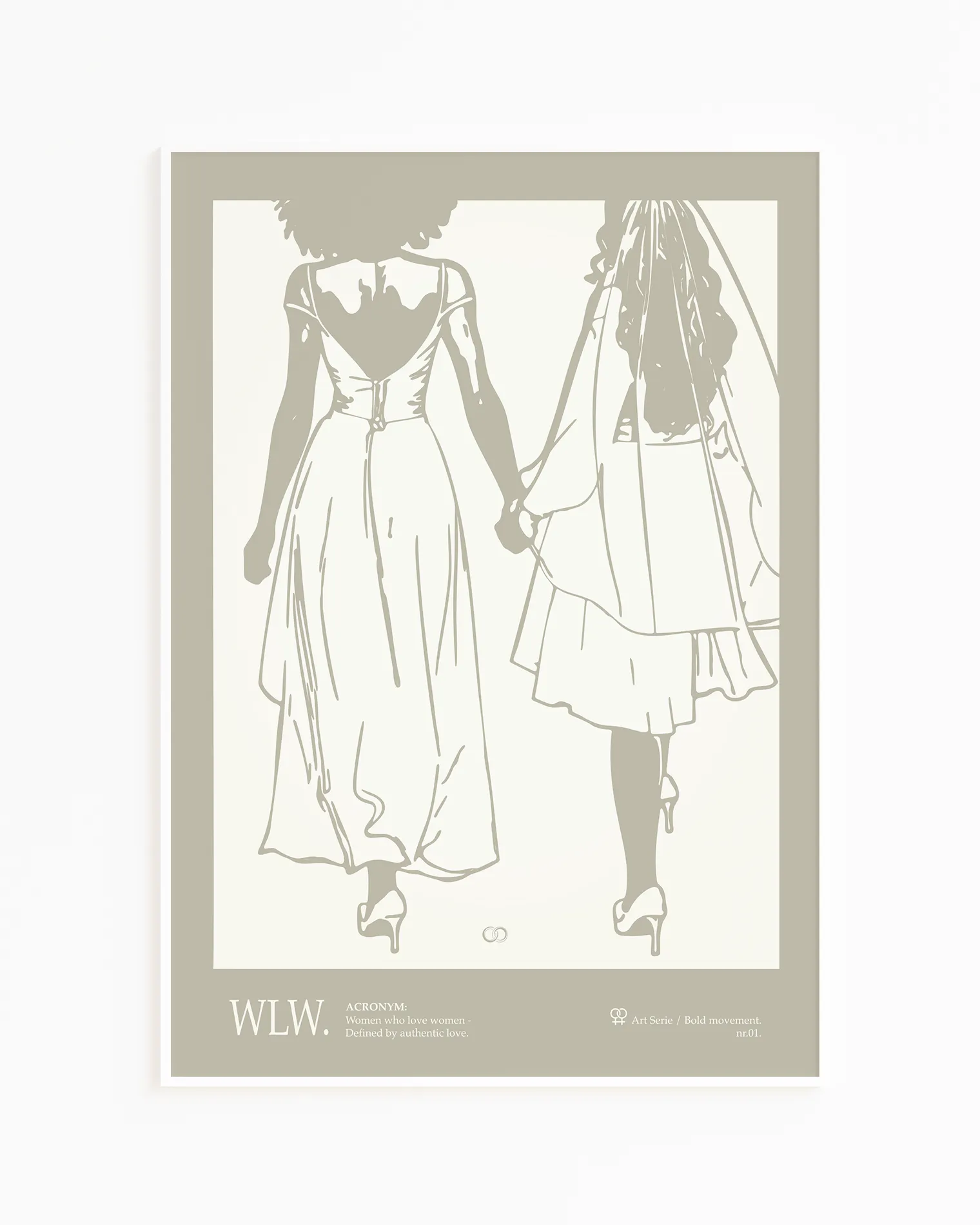 A print with an illustrated couple holding hands, with additional text about WLW - women who love women.