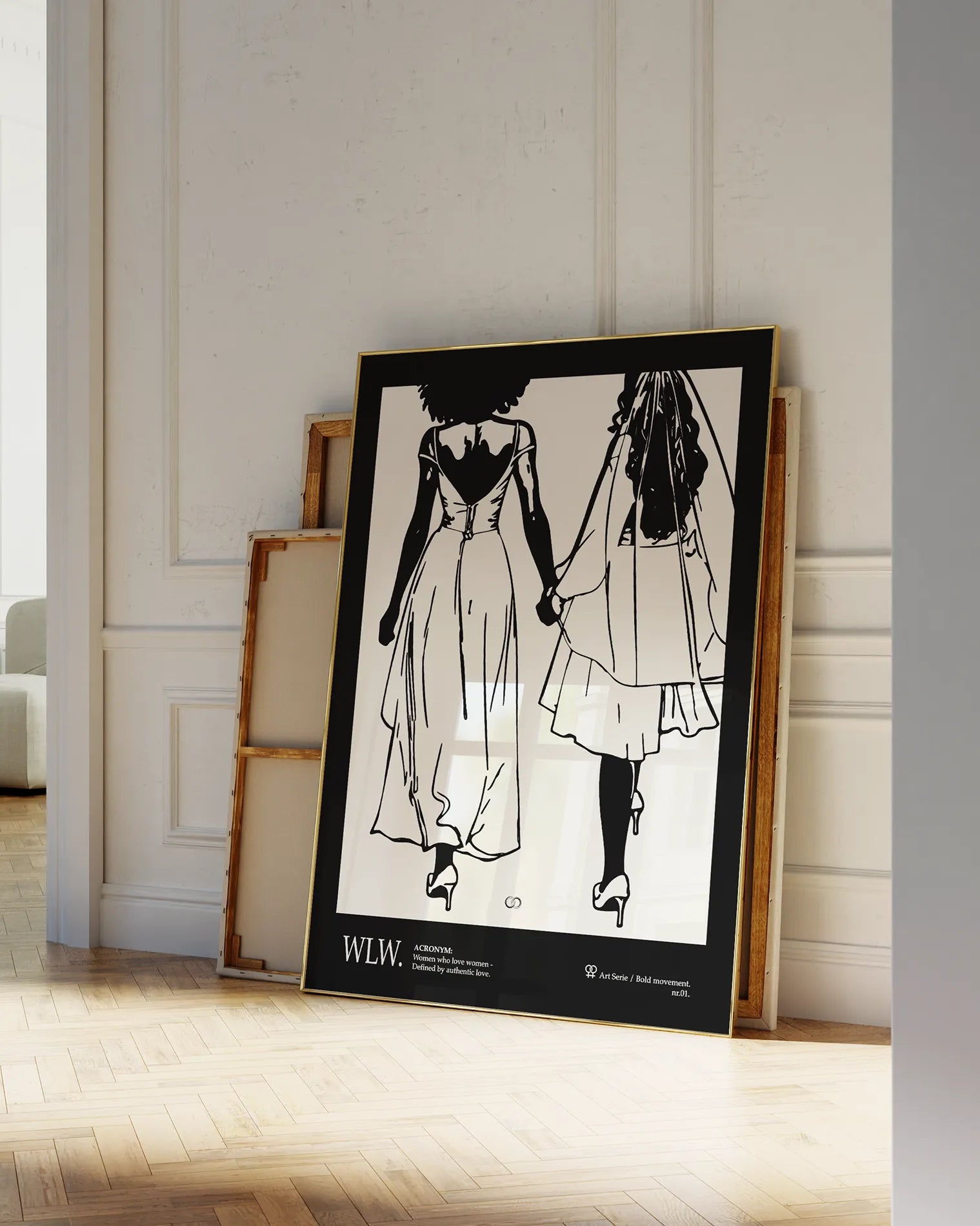 A print with an illustrated couple holding hands, with additional text about WLW - women who love women.