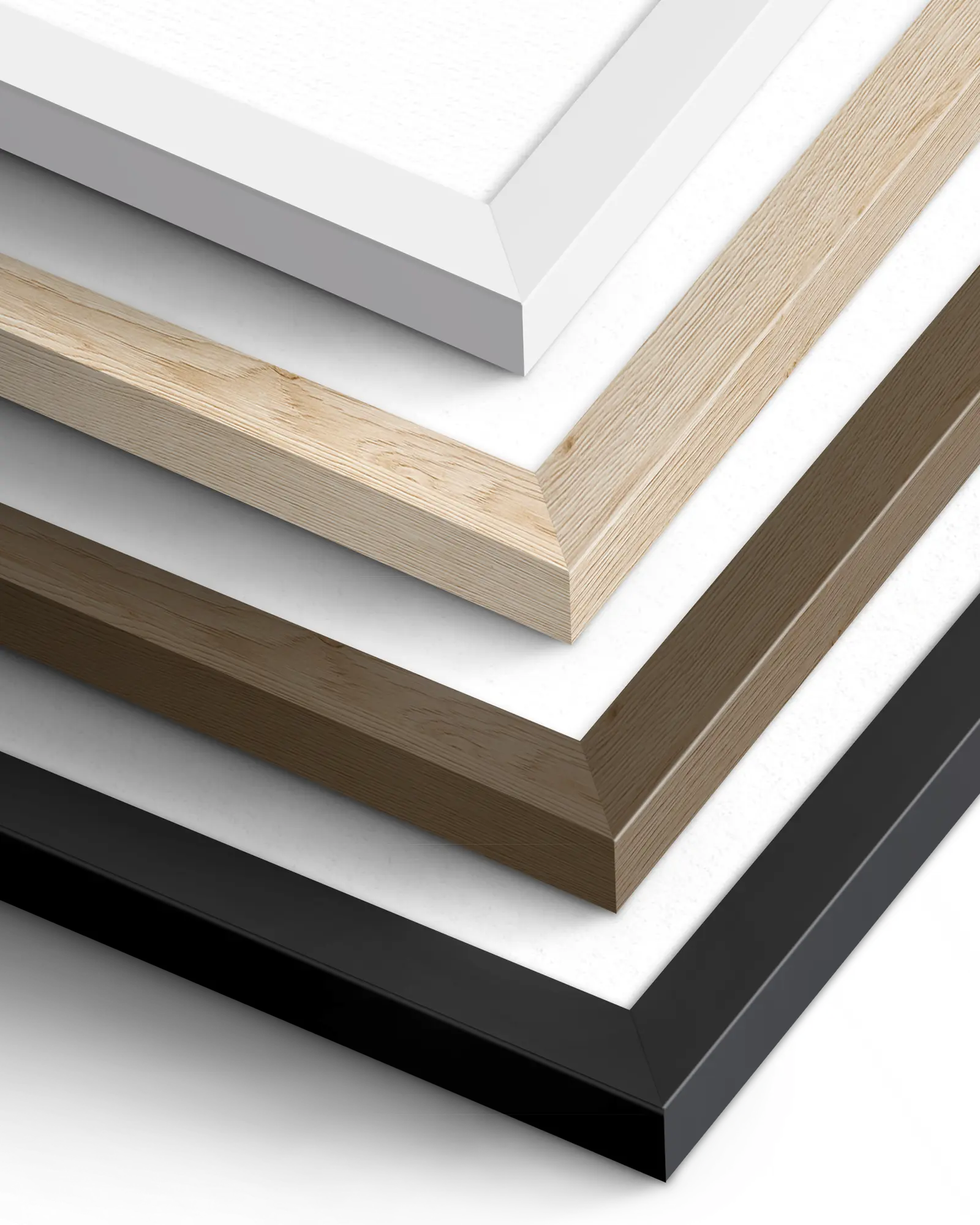 A picture of all wooden frames, light wood, dark wood, black and white.