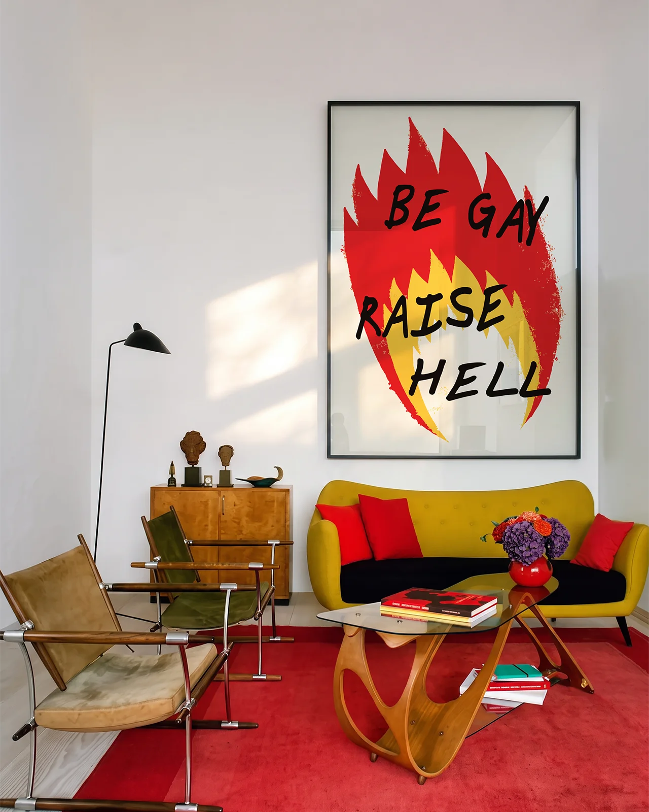 A poster with an illustrated flame, with the text 'BE GAY RAISE HELL'.