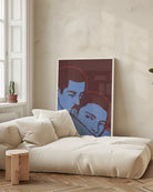 A framed poster with two gay men in an embrace, abstract style.