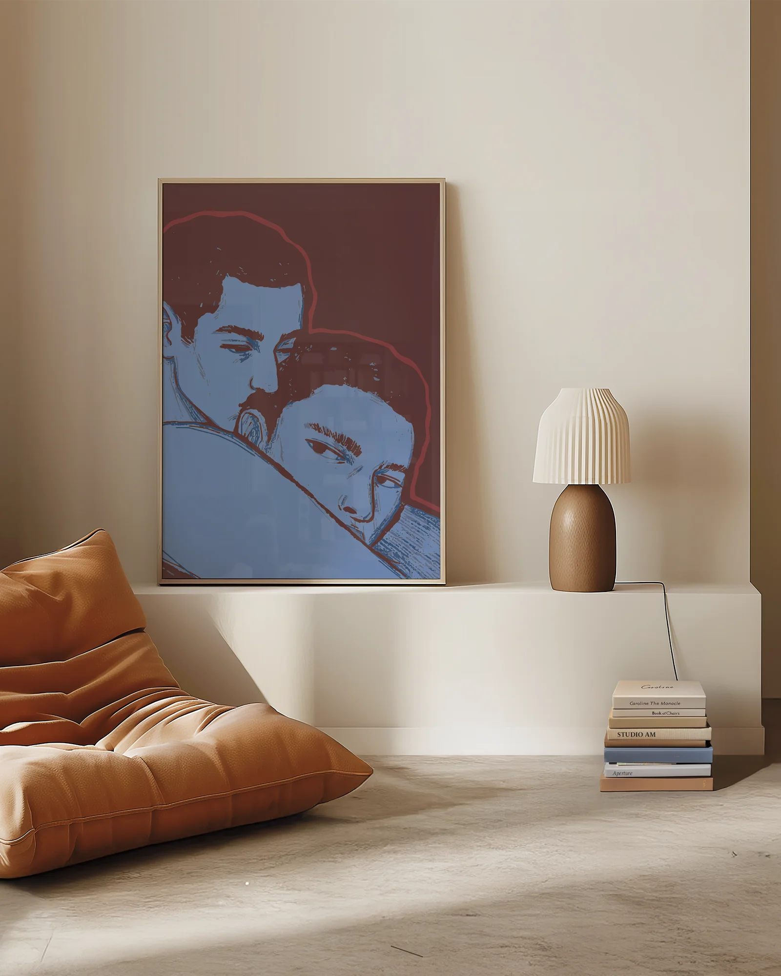 A framed poster with two gay men in an embrace, abstract style.