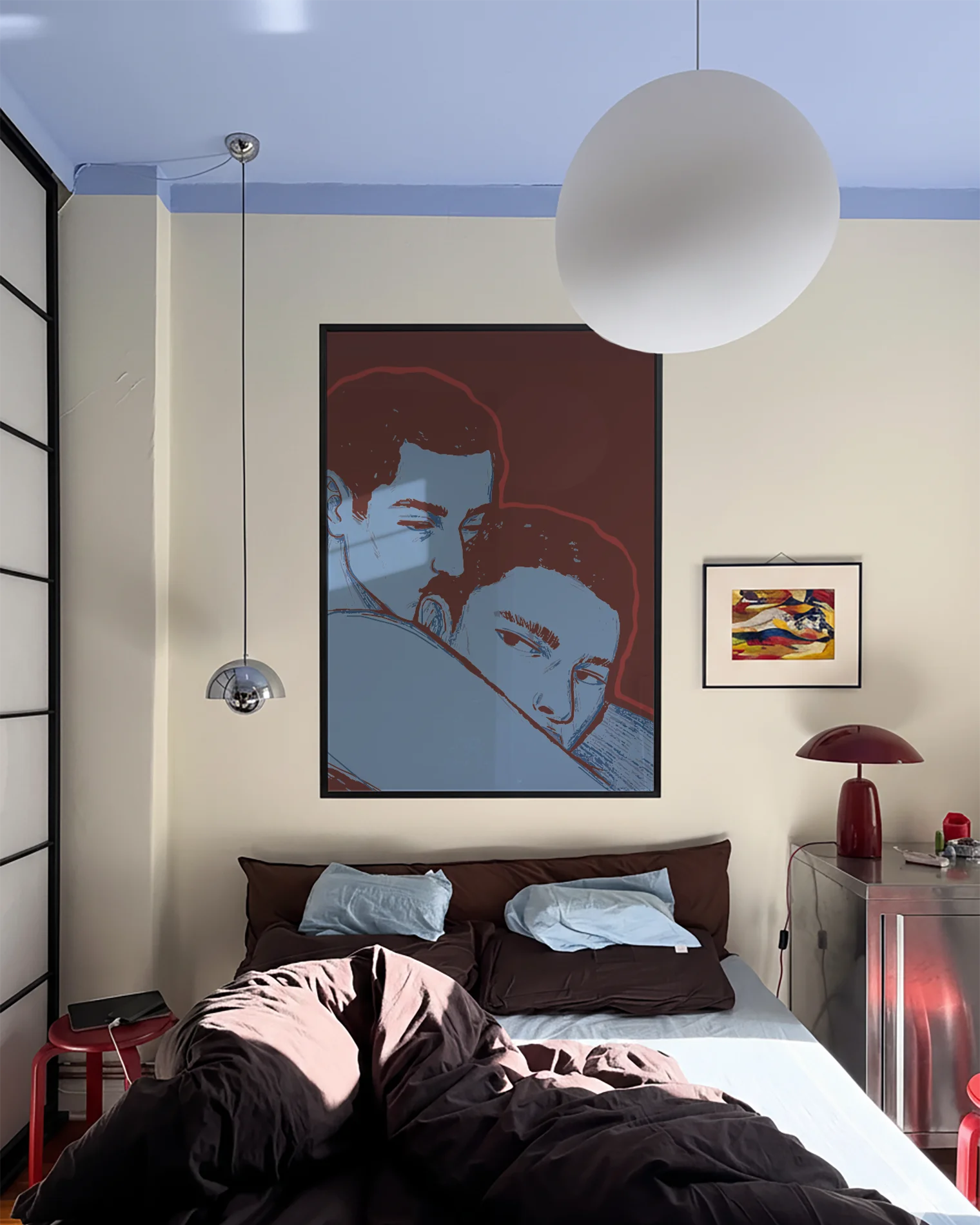 A framed poster with two gay men in an embrace, abstract style.