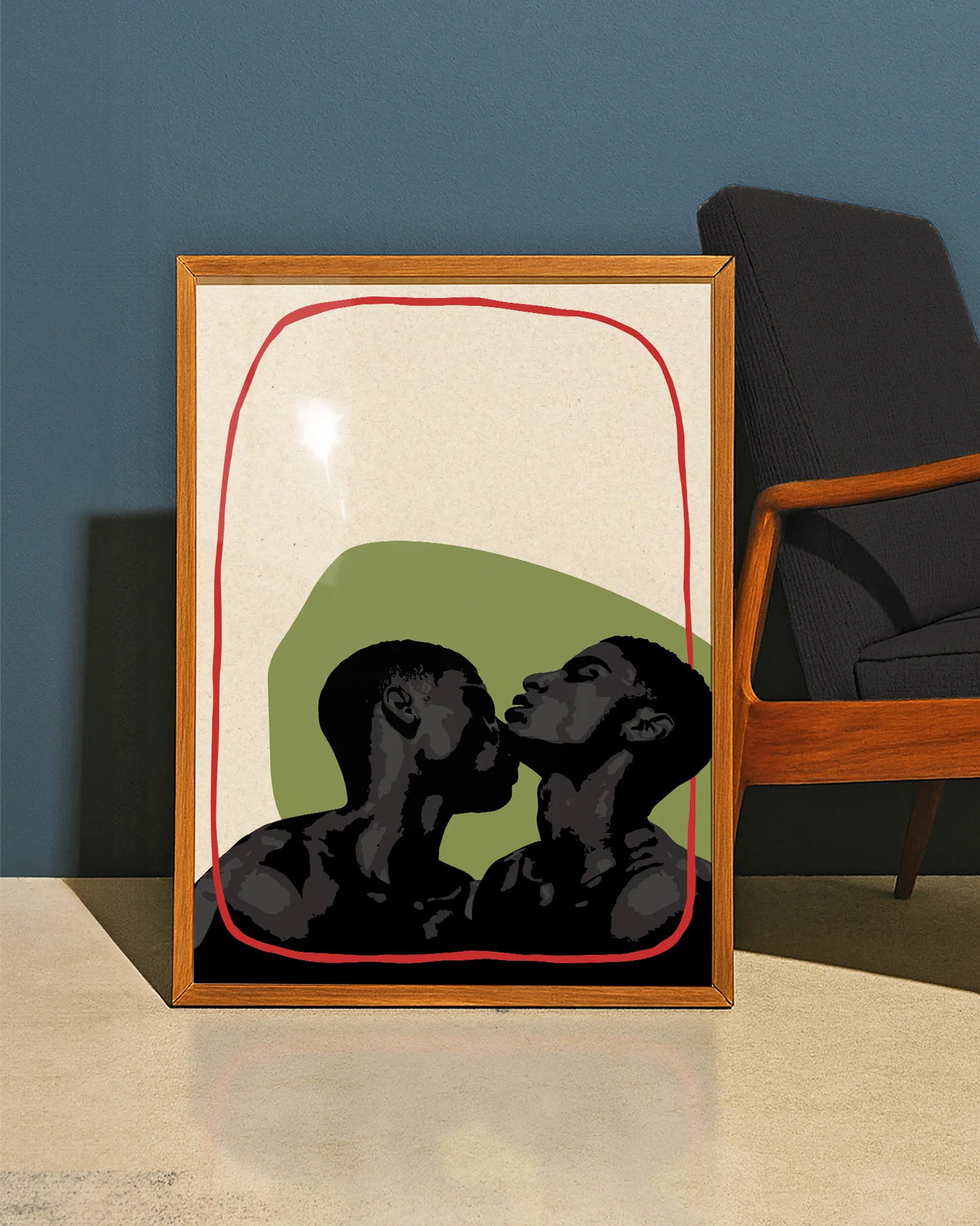 A poster with two black gay men kissing, abstract art poster.