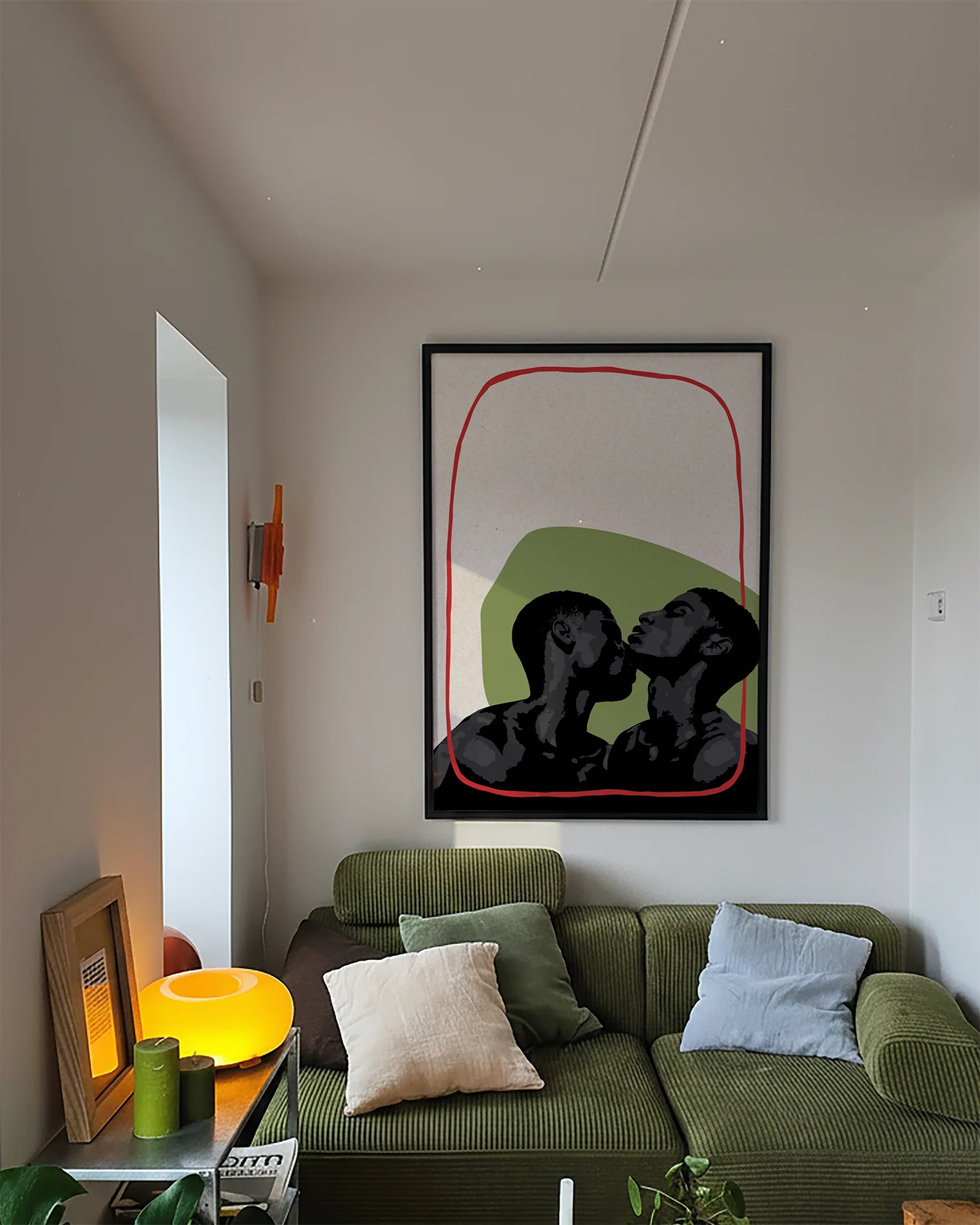 A poster with two black gay men kissing, abstract art poster.