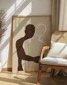 A poster of two men in a minimalistic style hugging each other.