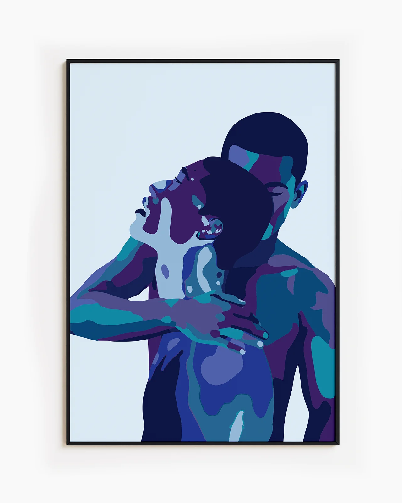 An abstract poster with two men holding each other.