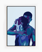 An abstract poster with two men holding each other.