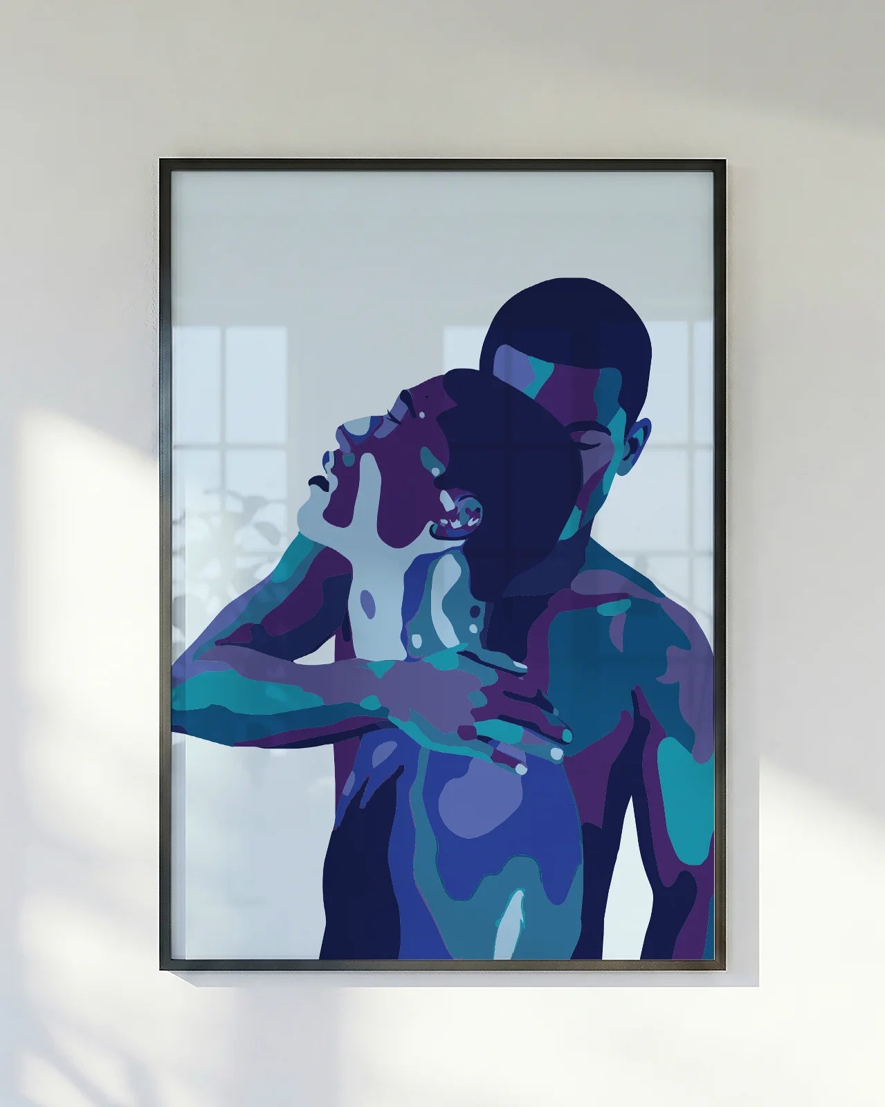 An abstract poster with two men holding each other.