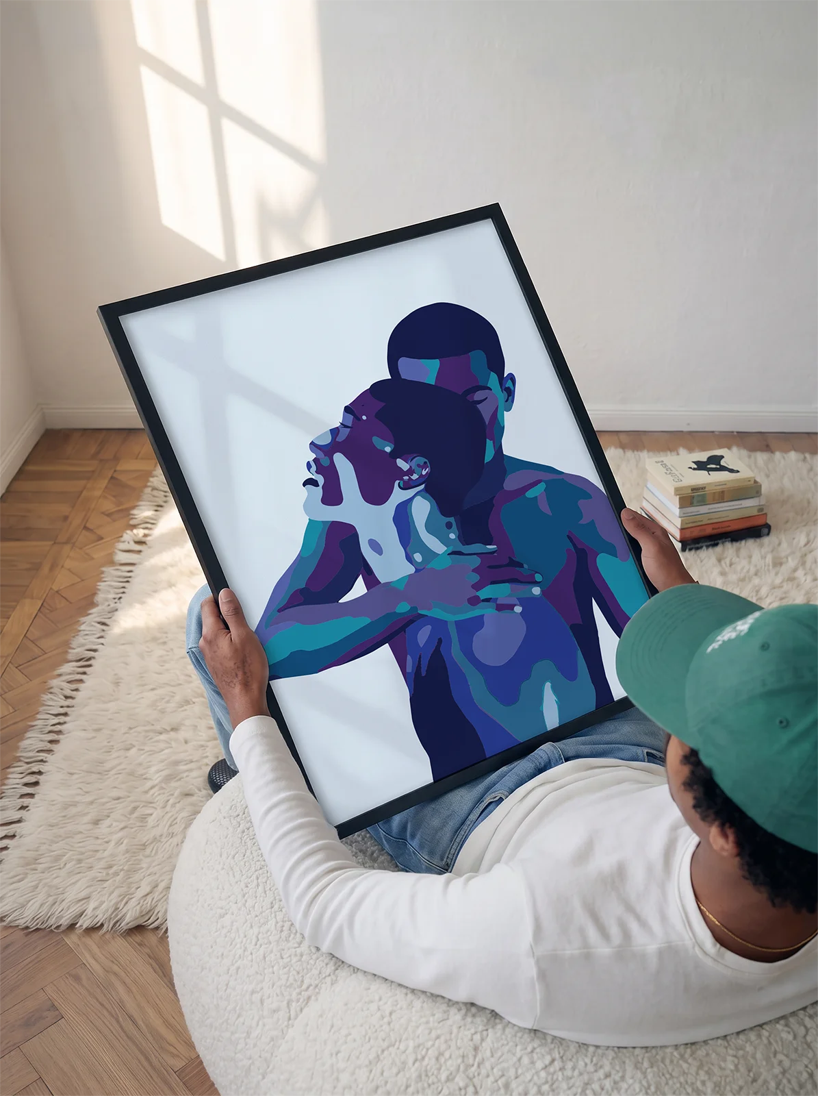 An abstract poster with two men holding each other.