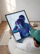 An abstract poster with two men holding each other.