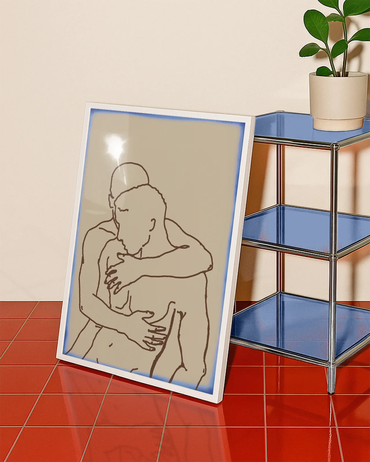 A poster with two naked men hugging each other in a lineart style.