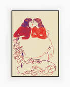 A framed poster with a sketched, lesbian cute couple kissing at a café.