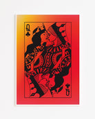 A poster with a sapphic couple kissing, card deck style. Two queens. Red background.