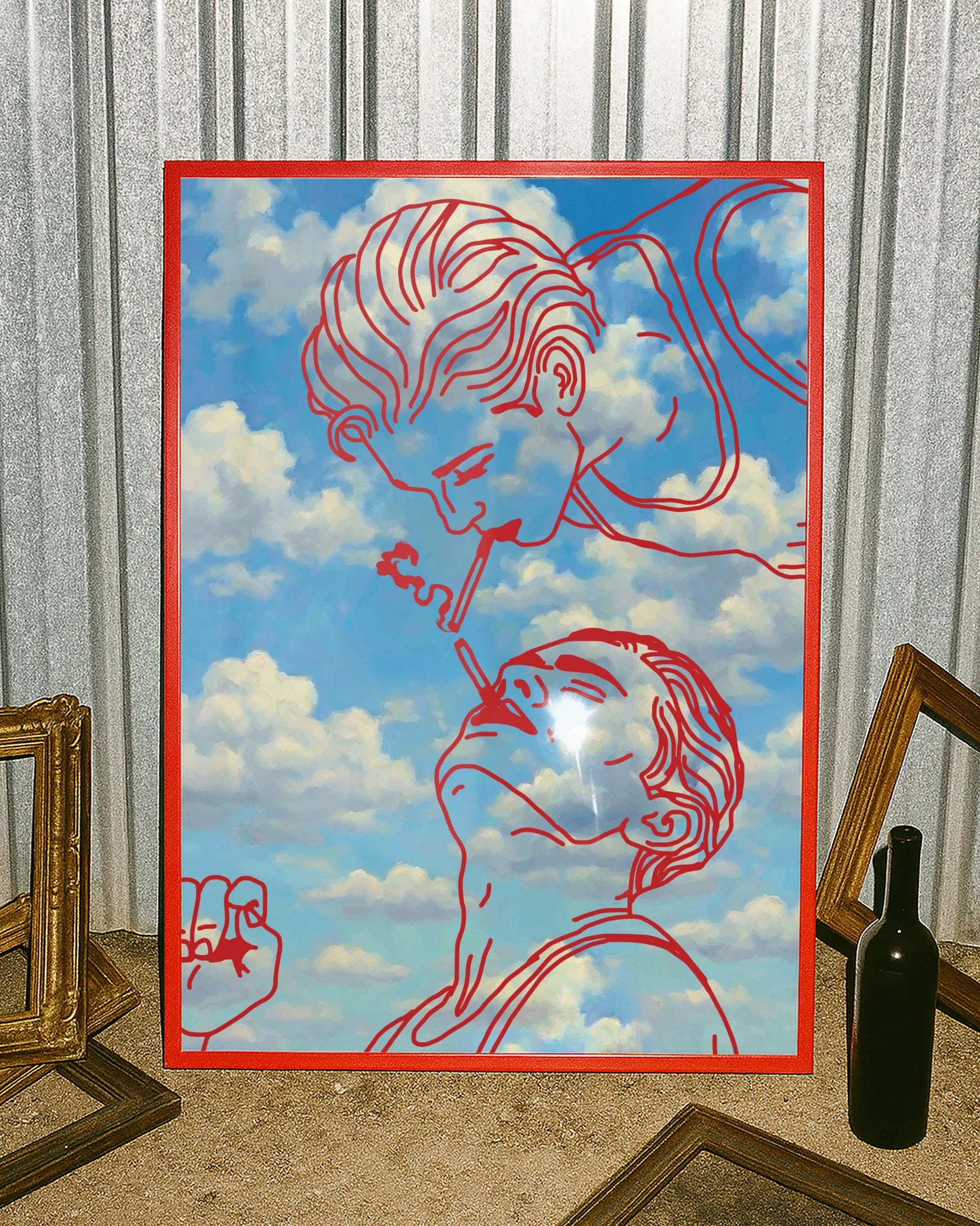 A framed poster with two men smoking cigarettes in a red line-art style, against a blue sky.