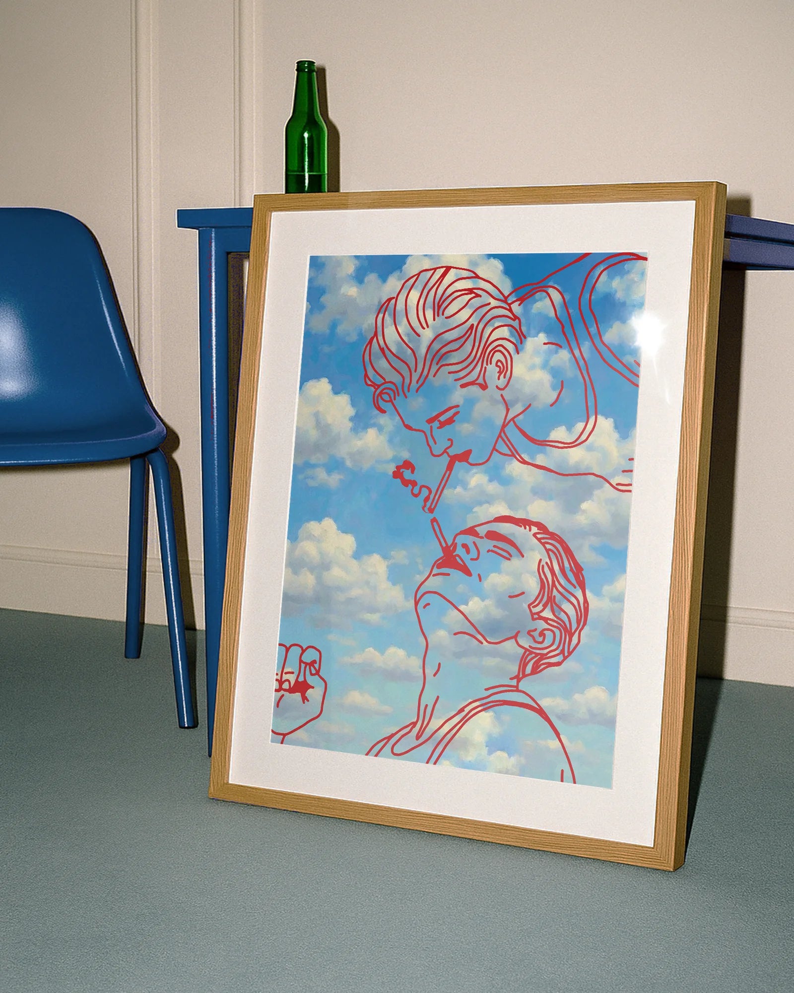 A framed poster with two men smoking cigarettes in a red line-art style, against a blue sky.