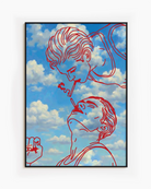 A framed poster with two men smoking cigarettes in a red line-art style, against a blue sky.