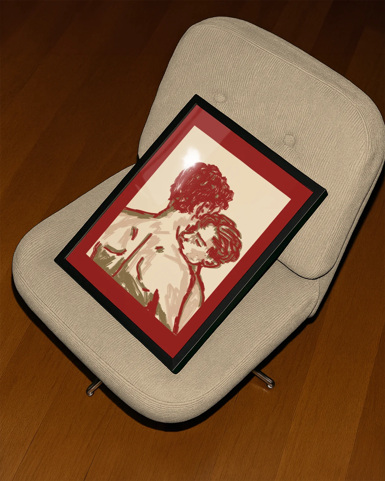 A poster of two illustrated gay men hugging in an abstract style.