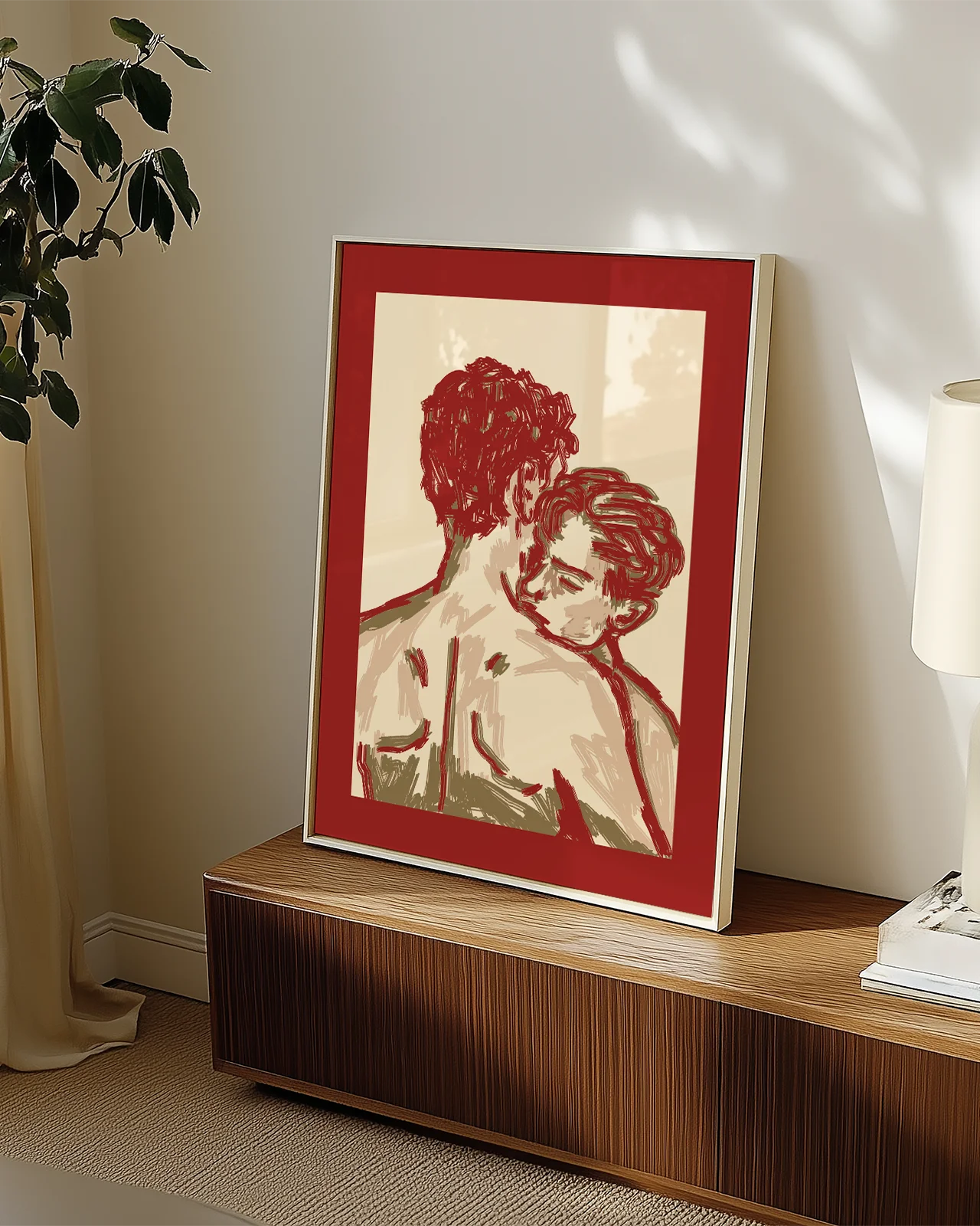 A poster of two illustrated gay men hugging in an abstract style.