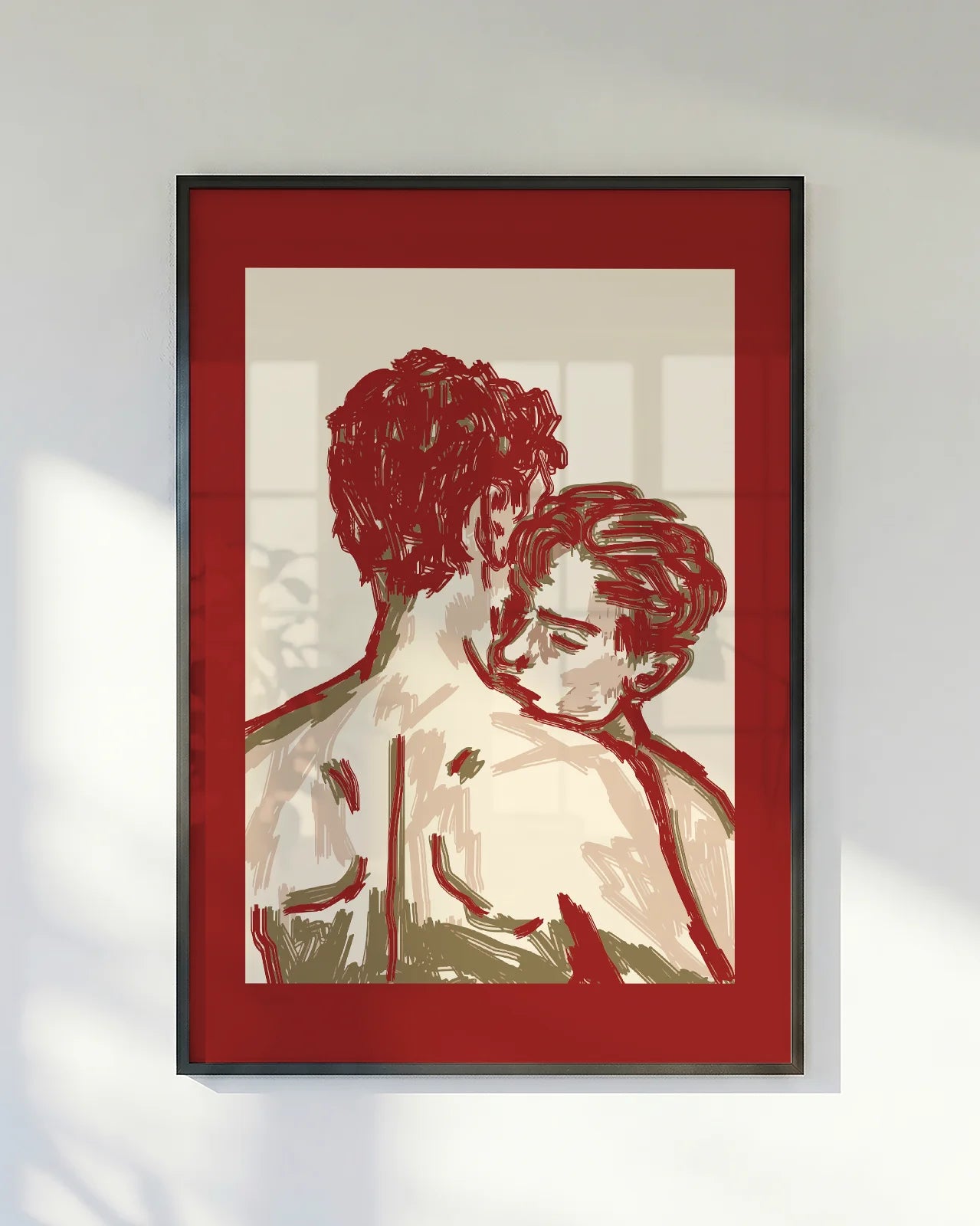 A poster of two illustrated gay men hugging in an abstract style.