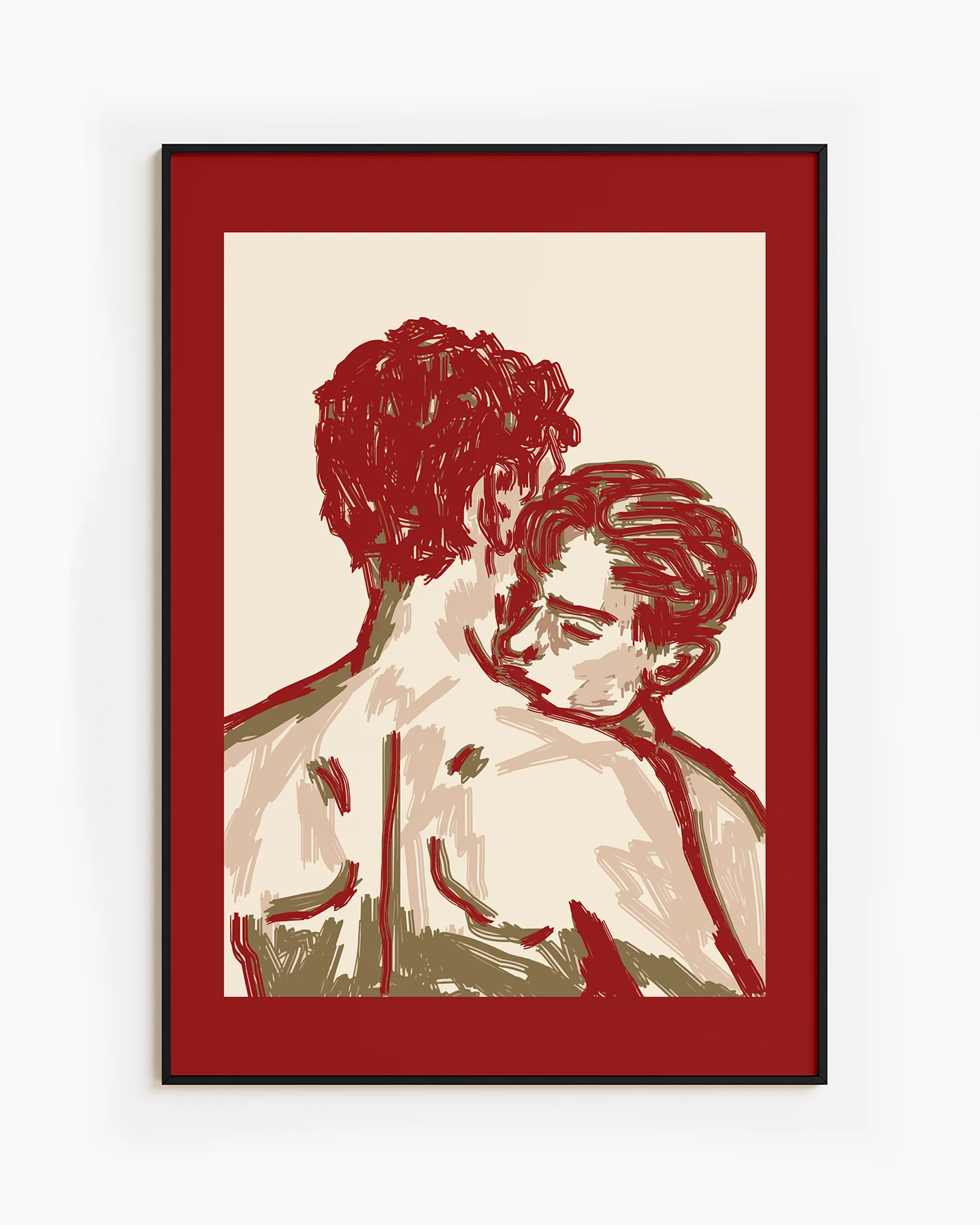 A poster of two illustrated gay men hugging in an abstract style.