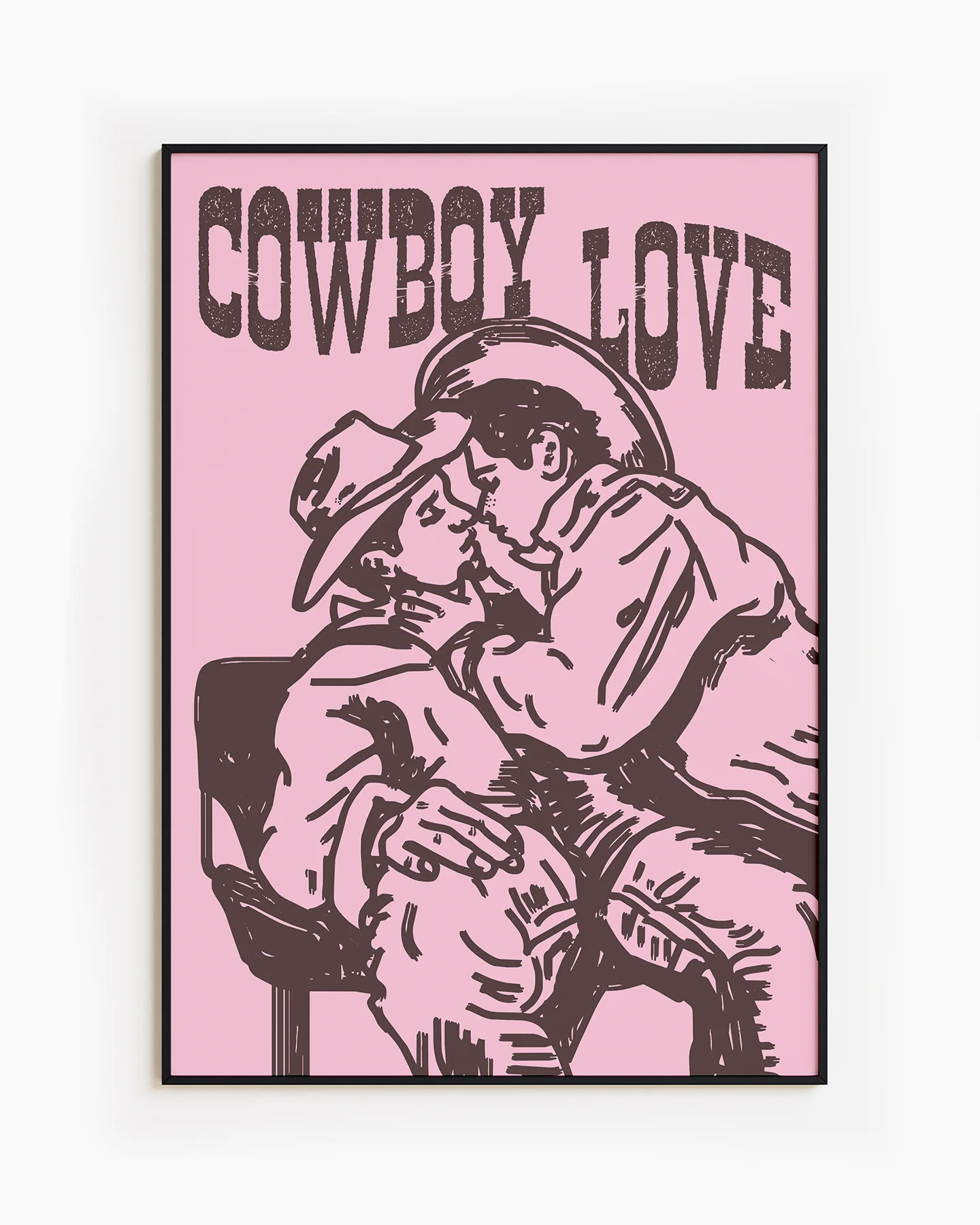 A poster of two cowboys kissing with the text 'Cowboy Love'