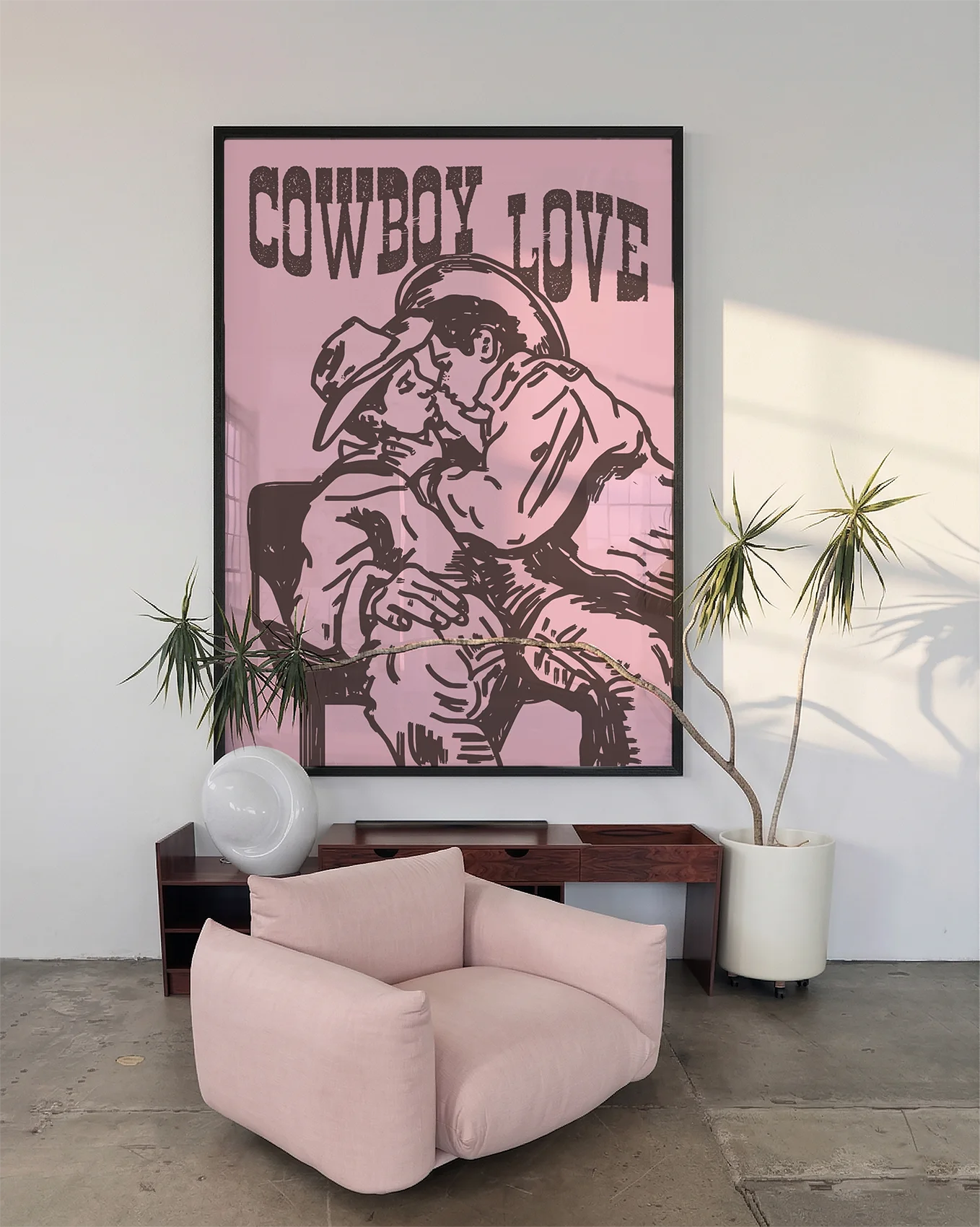 A poster of two cowboys kissing with the text 'Cowboy Love'