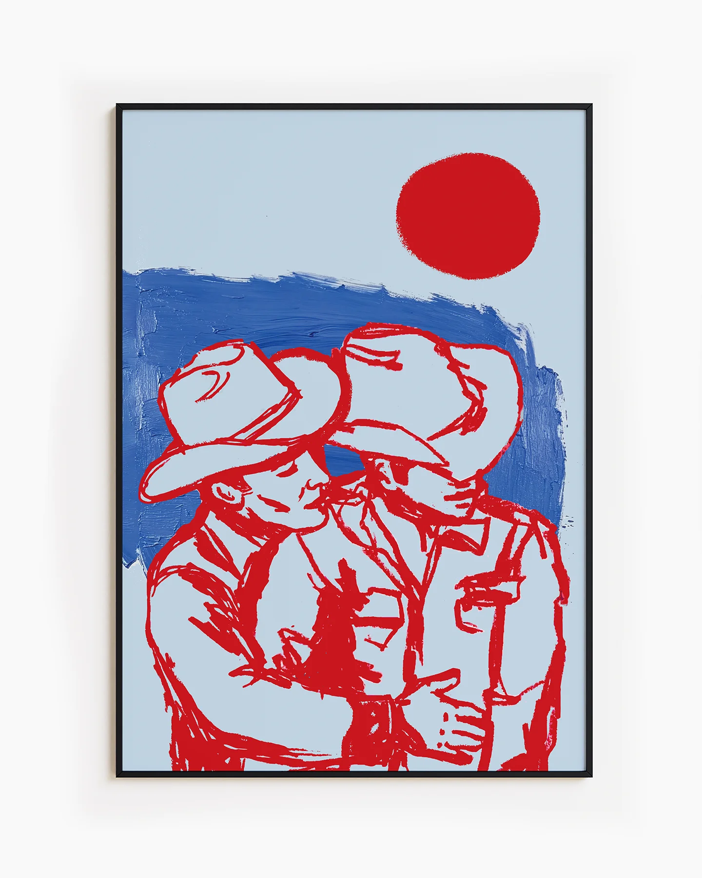 A poster with two ay cowboys hugging in front of a red sunset.