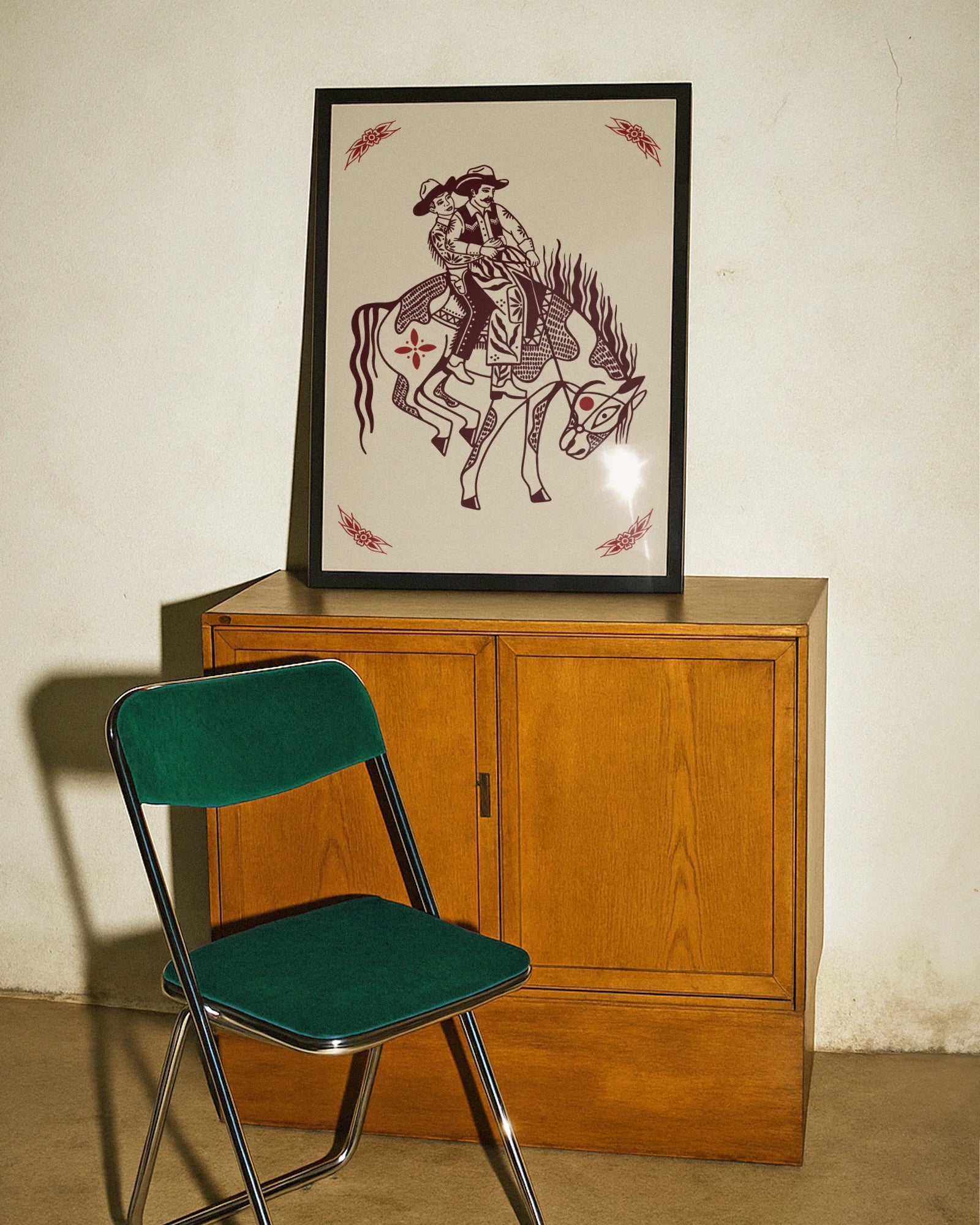 A poster with two gay cowboys riding on a horse together.