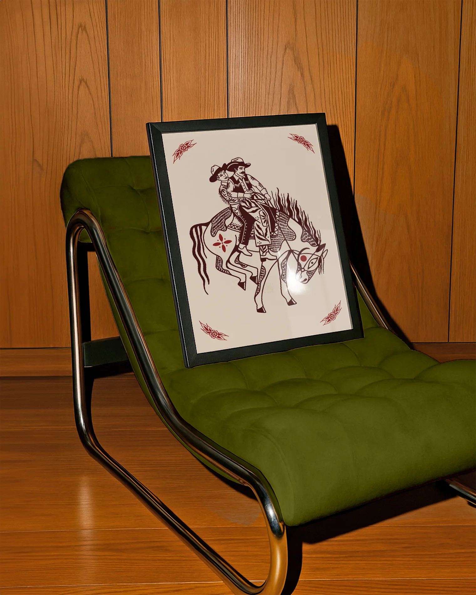 A poster with two gay cowboys riding on a horse together.