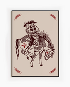 A poster with two gay cowboys riding on a horse together.