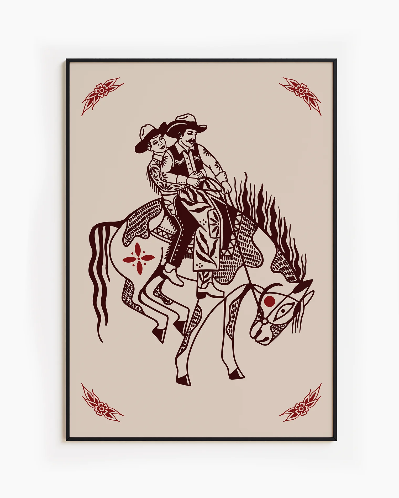 A poster with two gay cowboys riding on a horse together.