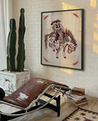 A poster with two gay cowboys riding on a horse together.