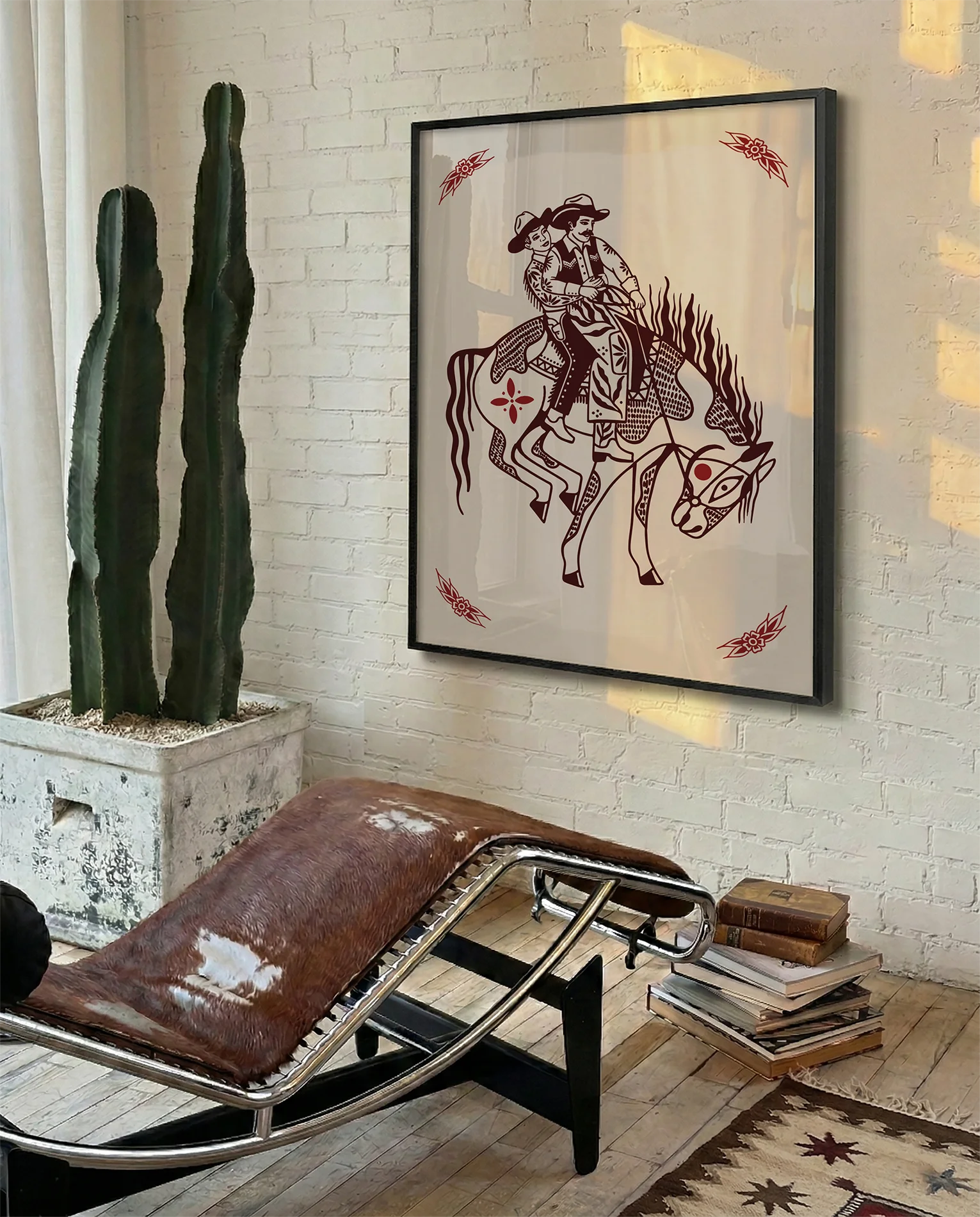 A poster with two gay cowboys riding on a horse together.