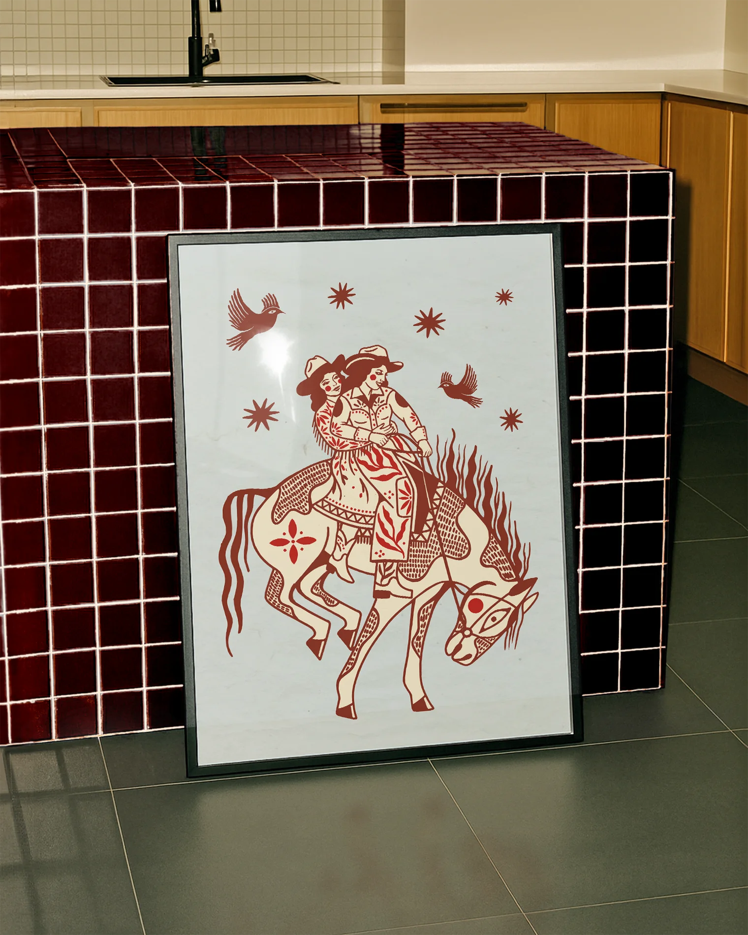 A poster with two lesbian cowgirls riding on a horse together.