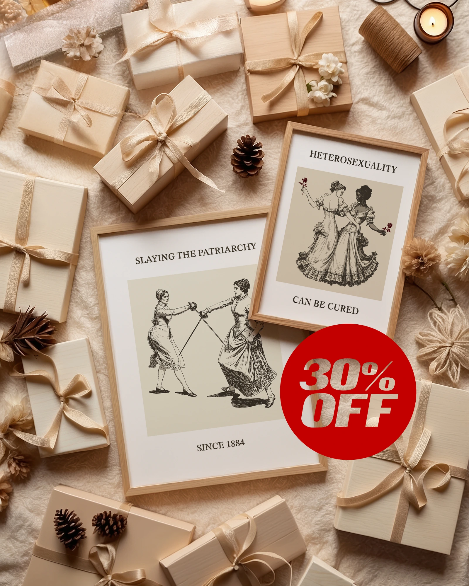 Header image with two lesbian posters and 30 % off for cyber sale.