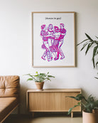 A framed poster featuring four people dancing in a circle with the text: “[DANCES IN GAY]”.