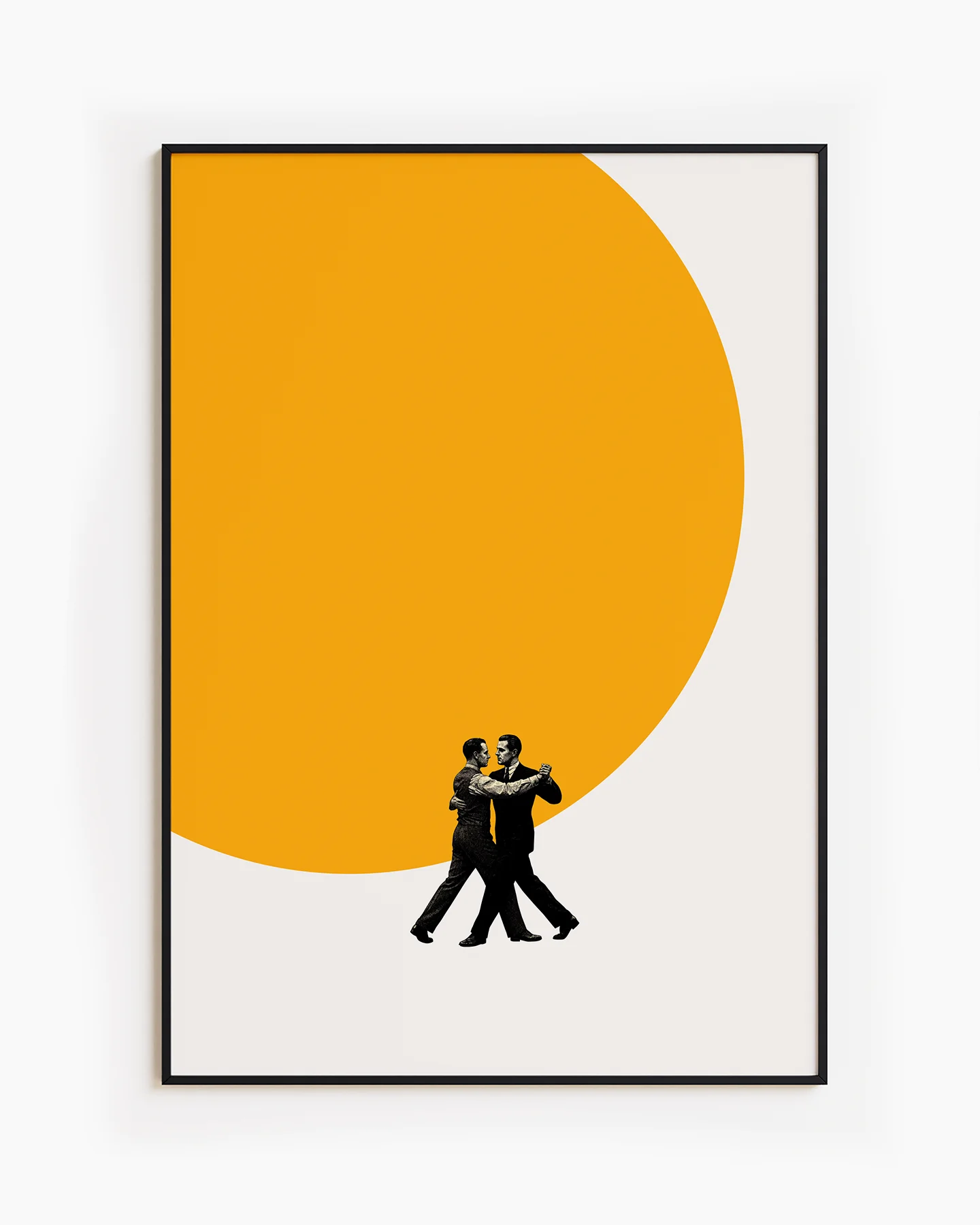 A poster of two men dancing in front of a big, yellow sun.