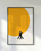 A poster of two men dancing in front of a big, yellow sun.