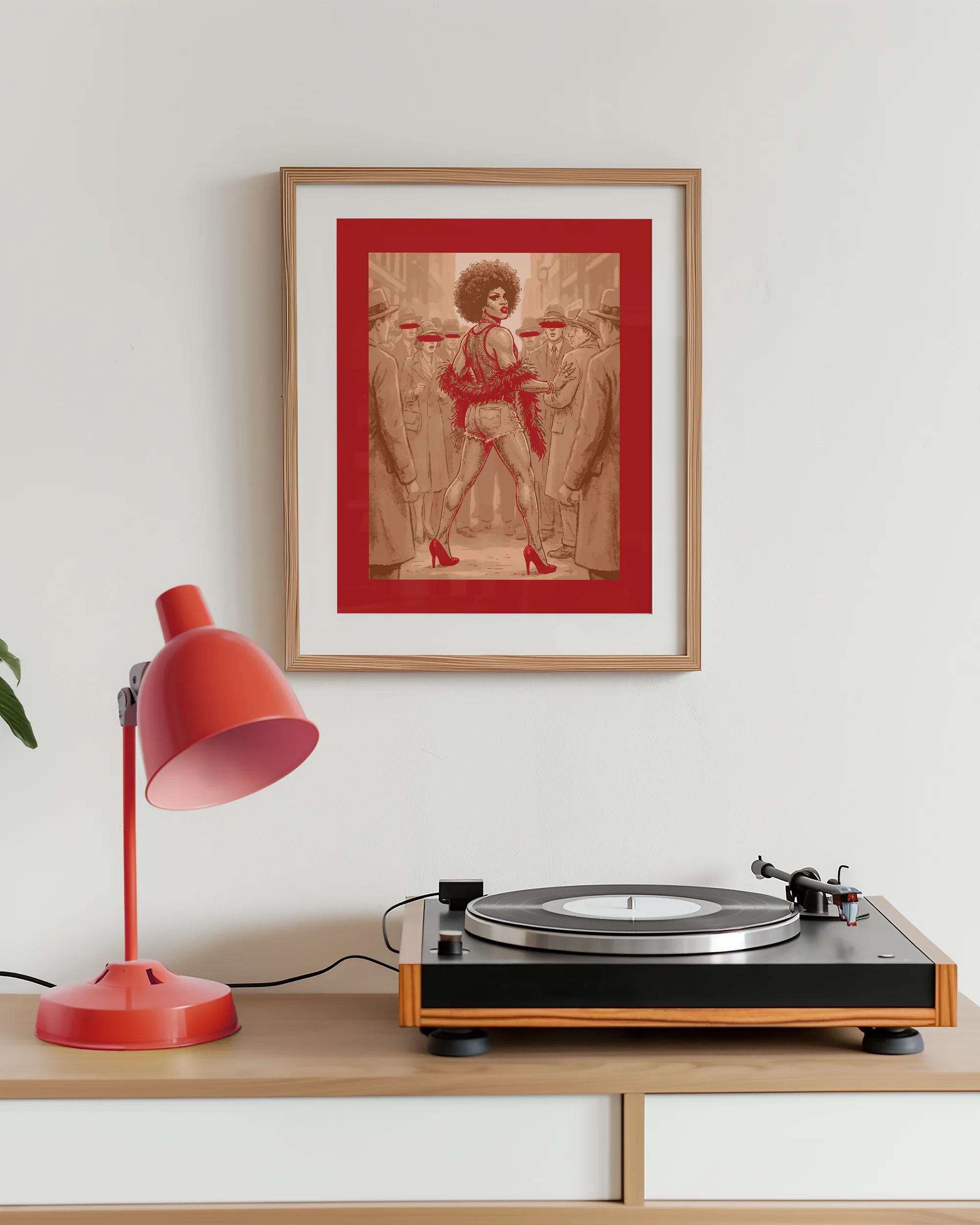 A framed poster featuring a fabulous drag queen standing in the middle of a crowd where every other face is blurred and anonymous. She’s the star — the rest is just background noise.