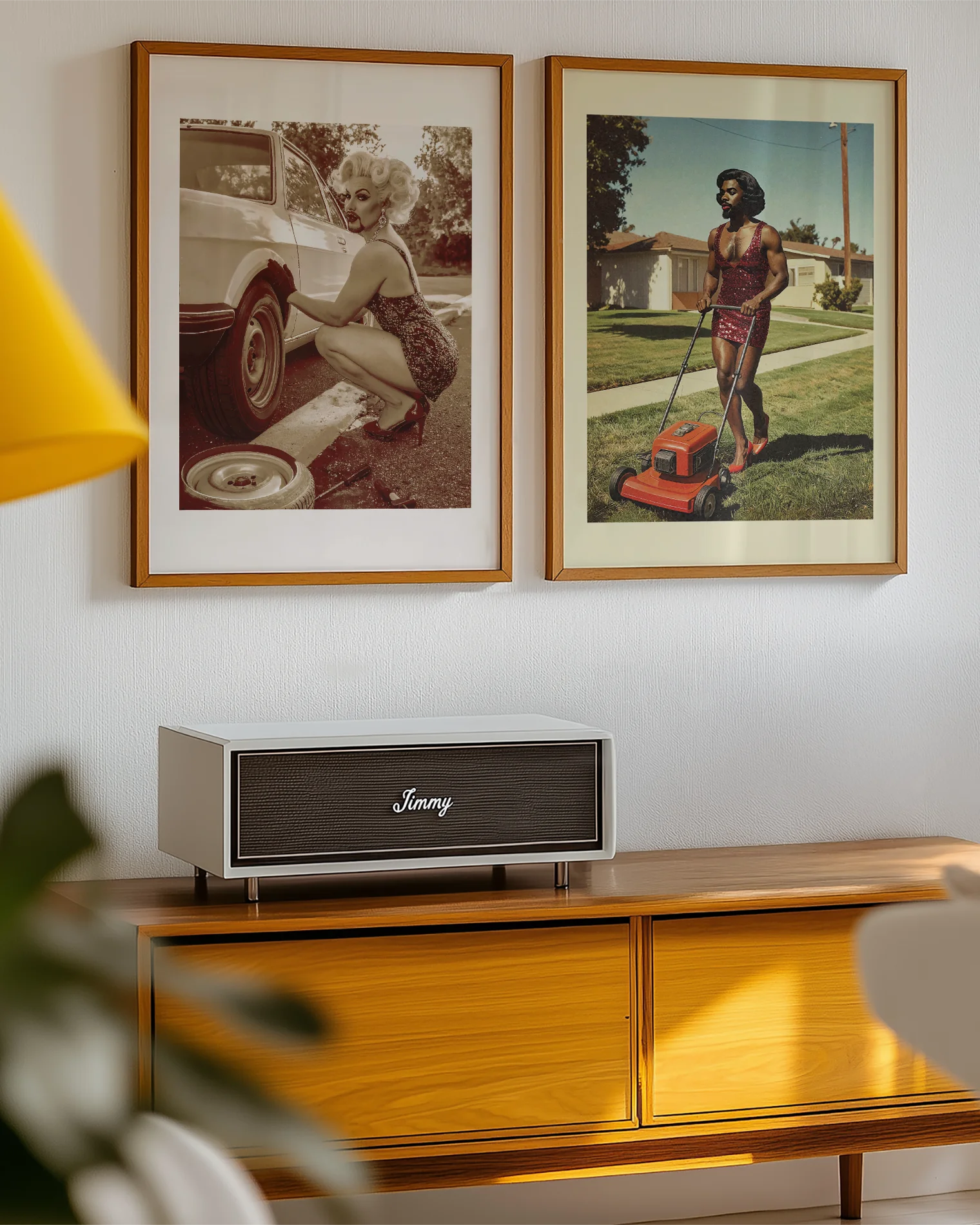 A poster featuring a fabulous drag queen in a sparkly dress, big wig, and dramatic makeup — right in the middle of a tire change.