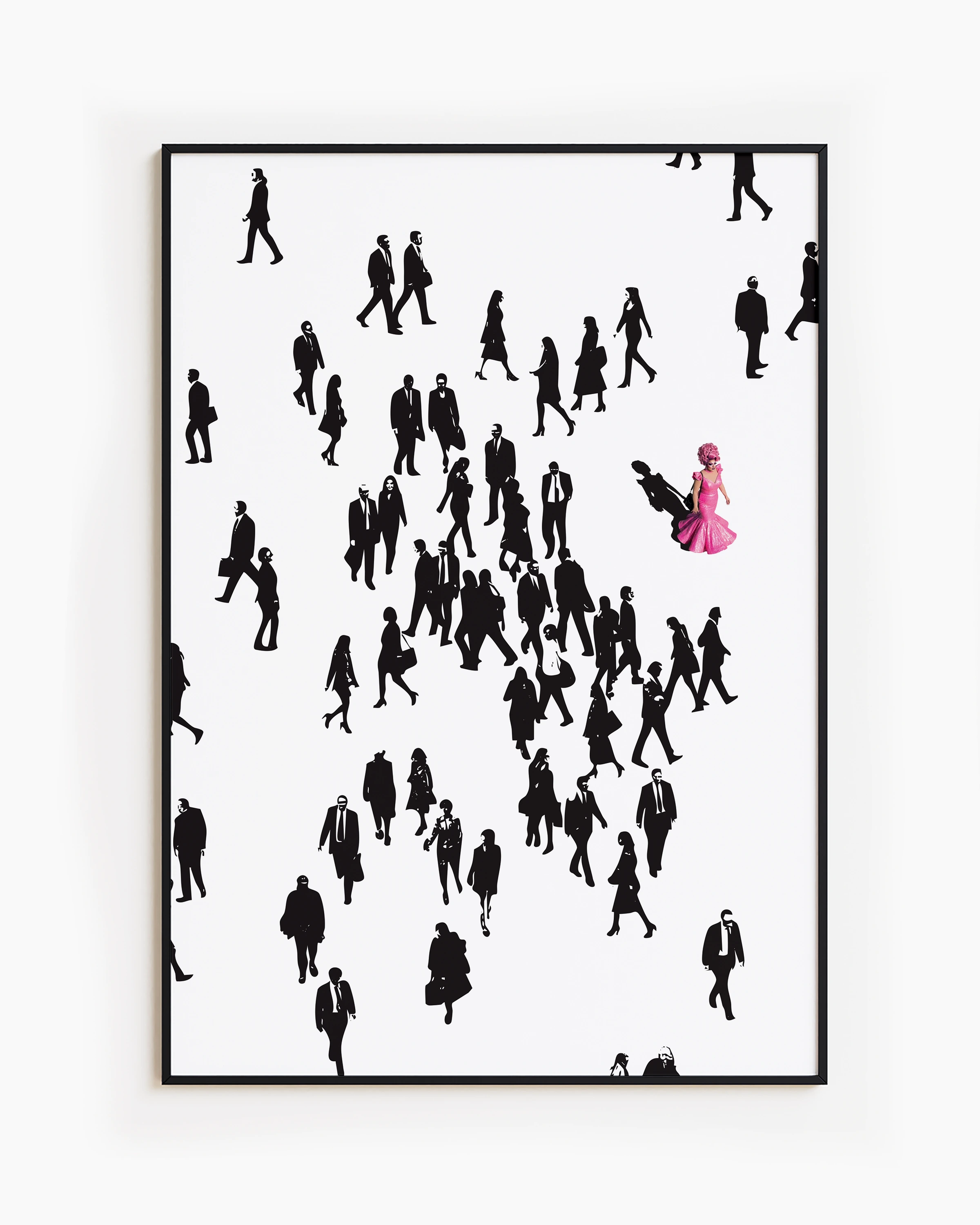A poster showing a pink drag queen walking against a dull and dark crowd of people, on her way to work.