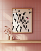 A poster showing a pink drag queen walking against a dull and dark crowd of people, on her way to work.