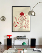 A poster with two men in lineart style, embracing each other.